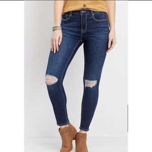 Dark wash distressed skinny jeans
